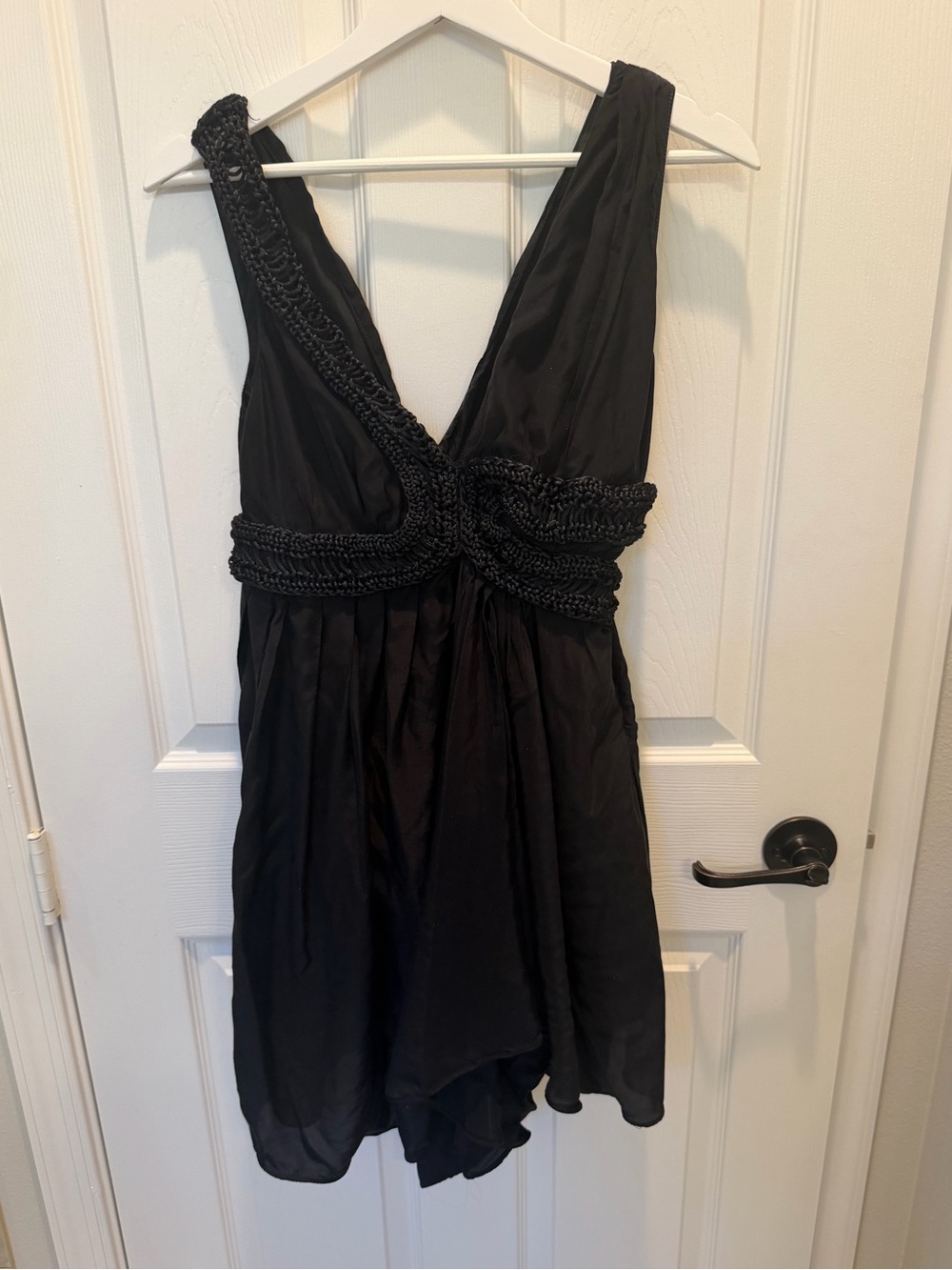 Leon Max Limited Edition Silk Blend Little Black Dress V-Neck Braided Detail L